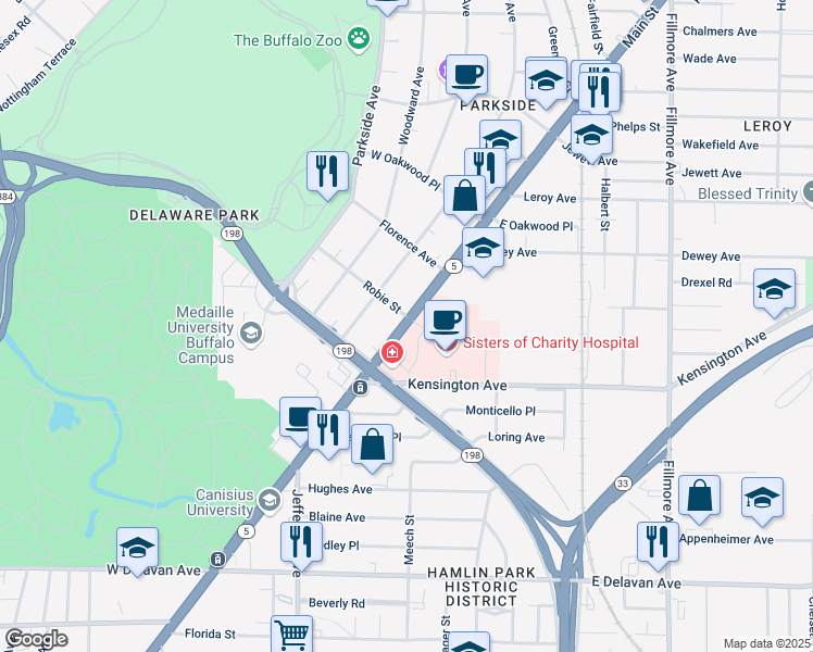 map of restaurants, bars, coffee shops, grocery stores, and more near 2151 Main Street in Buffalo