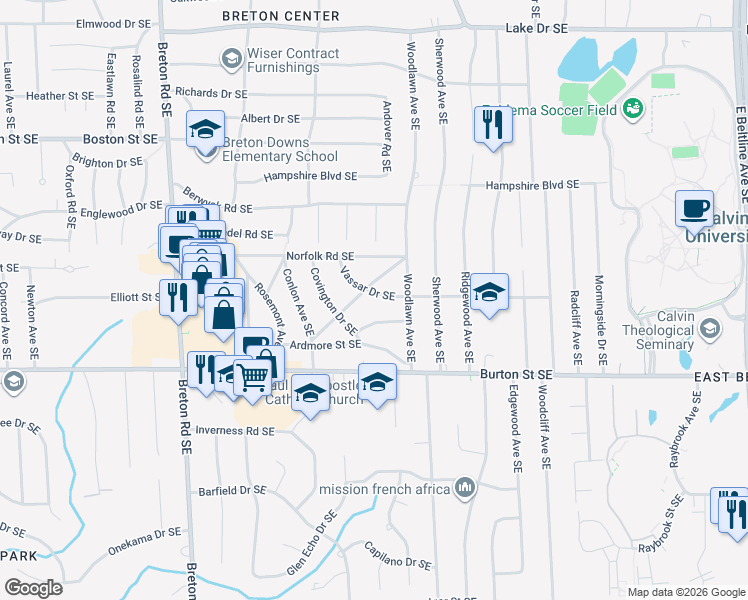 map of restaurants, bars, coffee shops, grocery stores, and more near 2738 Colton Drive Southeast in Grand Rapids
