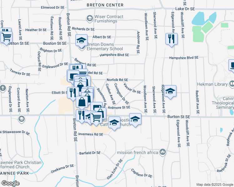map of restaurants, bars, coffee shops, grocery stores, and more near 1829 Covington Drive Southeast in Grand Rapids