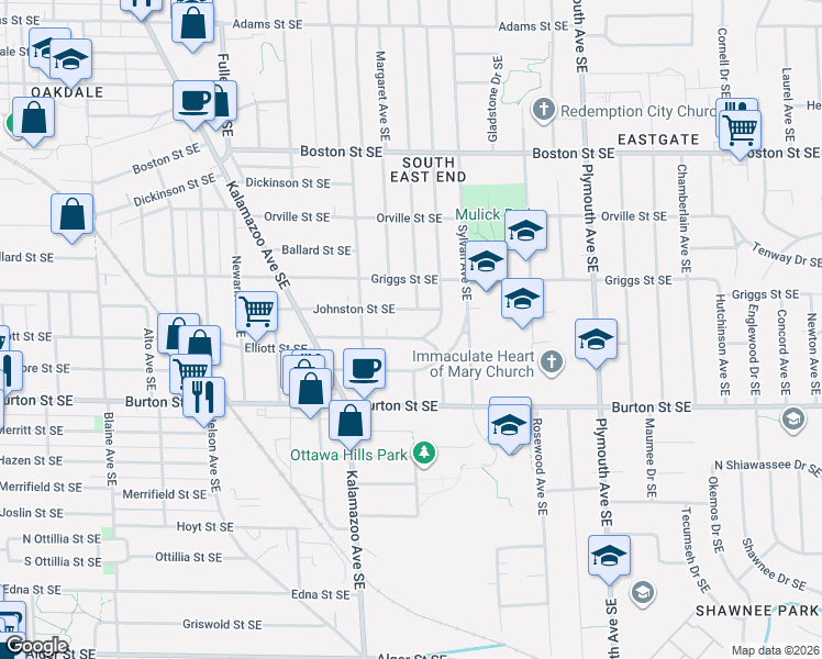 map of restaurants, bars, coffee shops, grocery stores, and more near 1453 Johnston Street Southeast in Grand Rapids