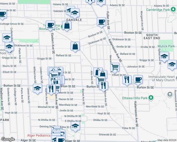 map of restaurants, bars, coffee shops, grocery stores, and more near 1019 Johnston Street Southeast in Grand Rapids