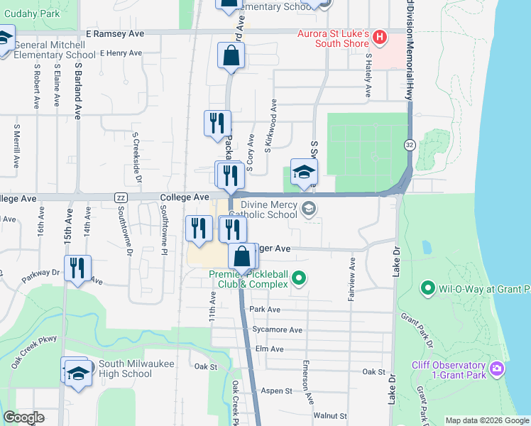map of restaurants, bars, coffee shops, grocery stores, and more near 727 Wisconsin 32 in Cudahy