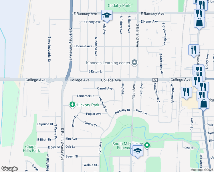 map of restaurants, bars, coffee shops, grocery stores, and more near 1659 East College Avenue in South Milwaukee