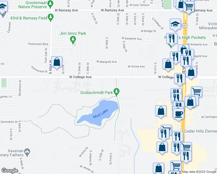 map of restaurants, bars, coffee shops, grocery stores, and more near 6311 South 35th Street in Franklin