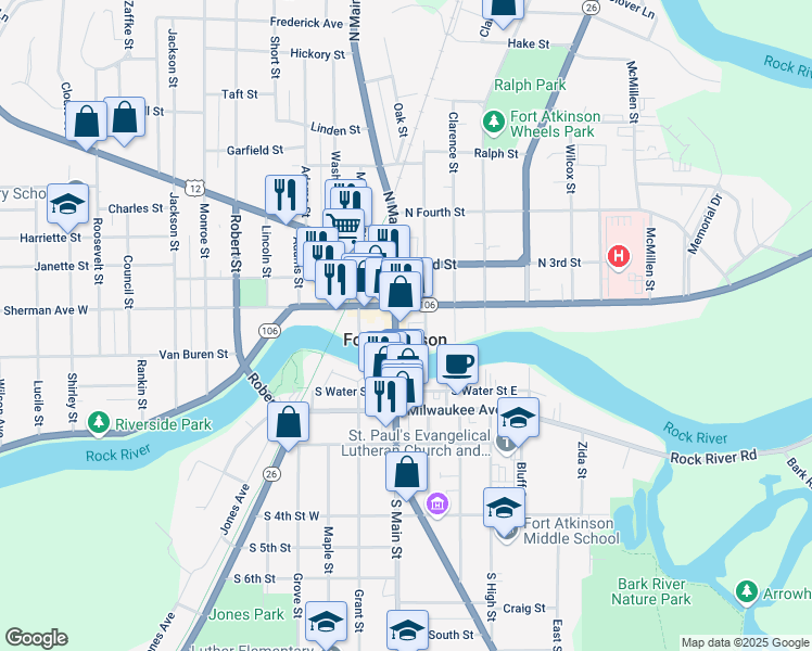 map of restaurants, bars, coffee shops, grocery stores, and more near 28 Wisconsin 106 in Fort Atkinson