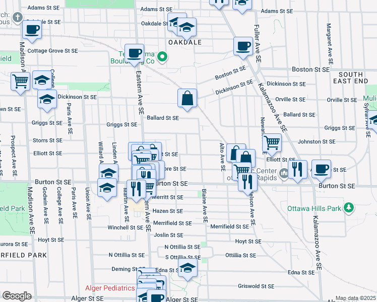 map of restaurants, bars, coffee shops, grocery stores, and more near 923 Elliott Street Southeast in Grand Rapids