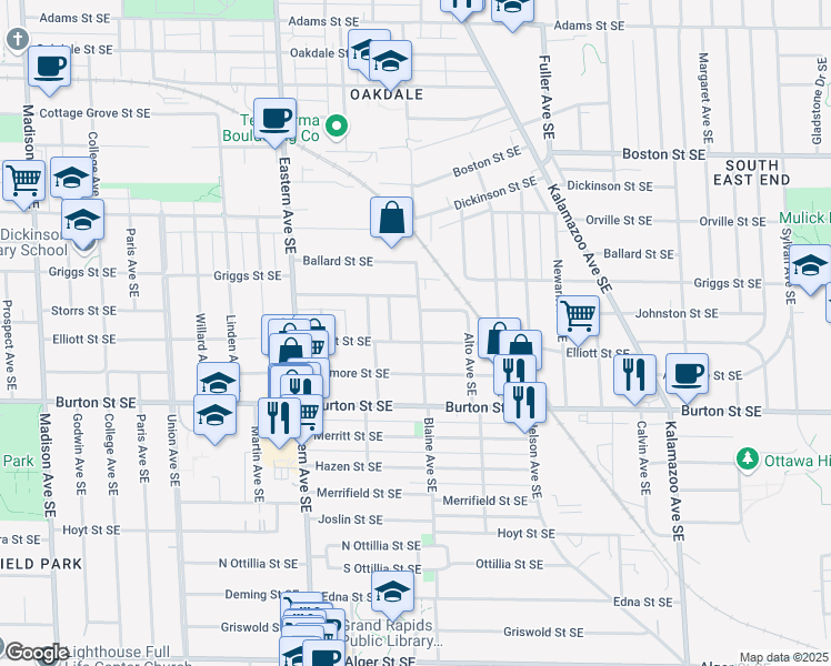 map of restaurants, bars, coffee shops, grocery stores, and more near 947 Elliott Street Southeast in Grand Rapids