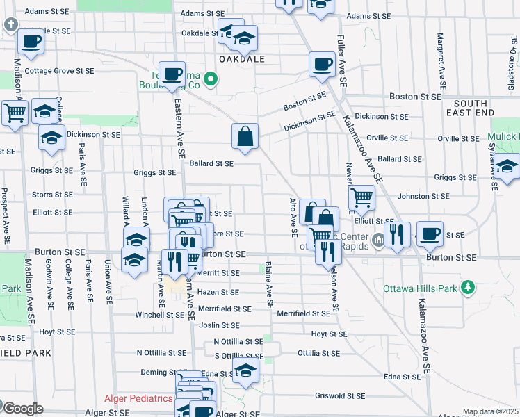 map of restaurants, bars, coffee shops, grocery stores, and more near 947 Elliott Street Southeast in Grand Rapids