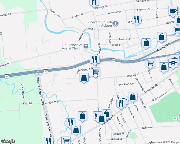 map of restaurants, bars, coffee shops, grocery stores, and more near 1 Underwood Street in Auburn