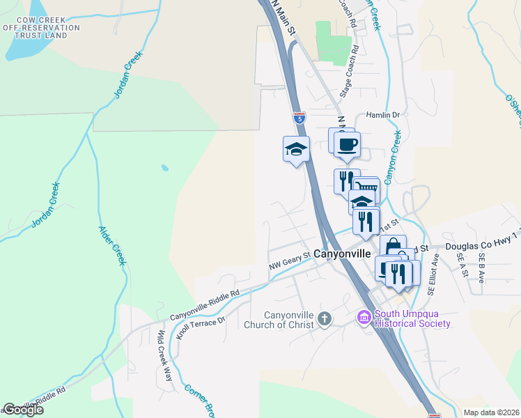 map of restaurants, bars, coffee shops, grocery stores, and more near 520 Annis Street in Canyonville