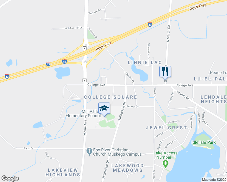 map of restaurants, bars, coffee shops, grocery stores, and more near Regency Court in Muskego