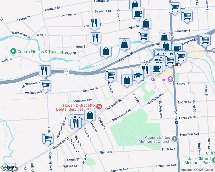 map of restaurants, bars, coffee shops, grocery stores, and more near 25 Washington Street in Auburn