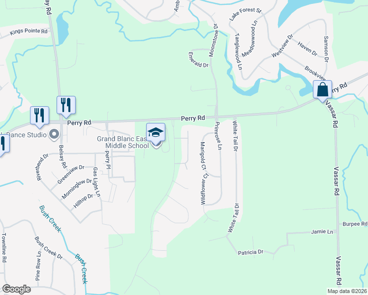 map of restaurants, bars, coffee shops, grocery stores, and more near 7038 Iris Court in Grand Blanc