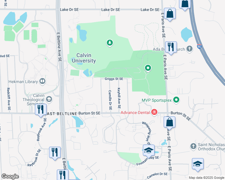 map of restaurants, bars, coffee shops, grocery stores, and more near 1827 Camille Drive Southeast in Grand Rapids