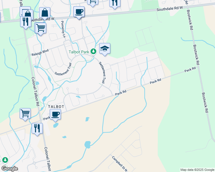 map of restaurants, bars, coffee shops, grocery stores, and more near 3399 Crane Avenue in London