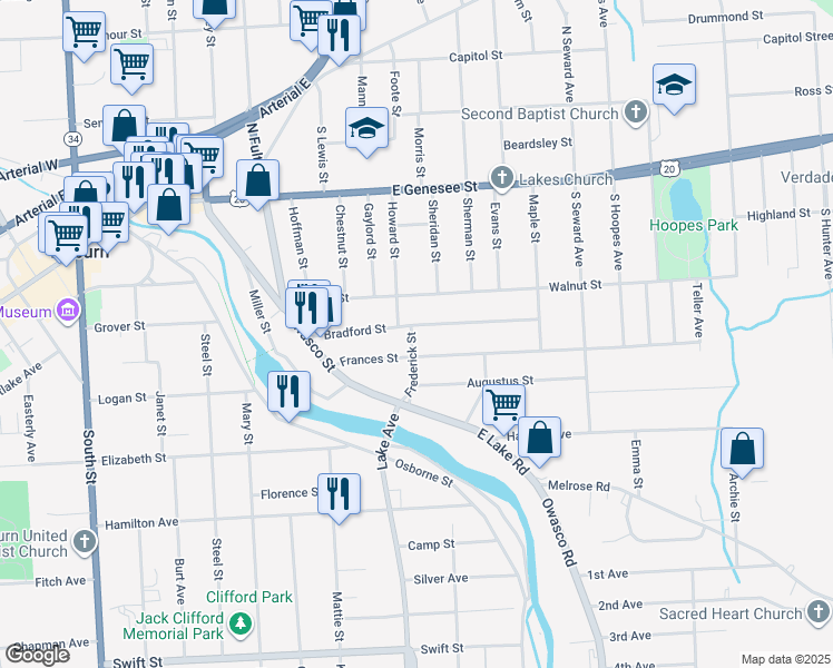 map of restaurants, bars, coffee shops, grocery stores, and more near 55 Bradford Street in Auburn