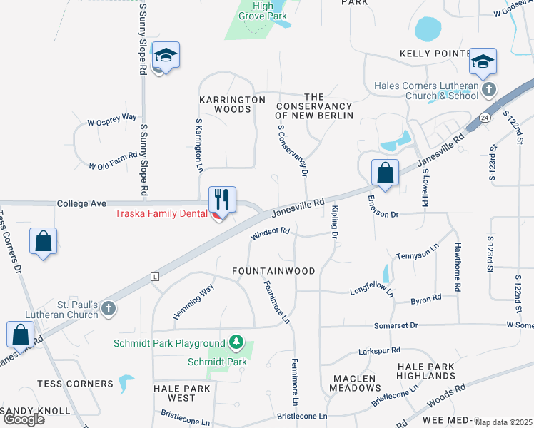 map of restaurants, bars, coffee shops, grocery stores, and more near 13320 College Avenue in Hales Corners