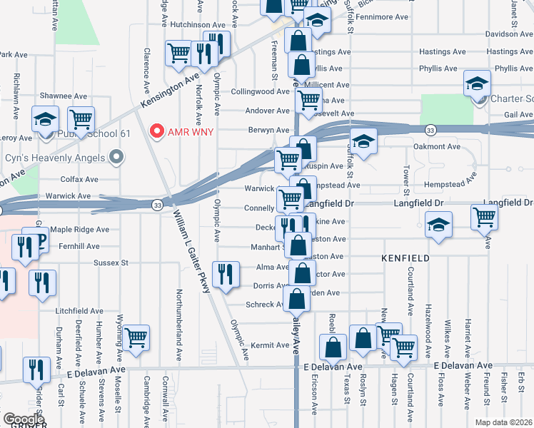 map of restaurants, bars, coffee shops, grocery stores, and more near 66 Connelly Avenue in Buffalo