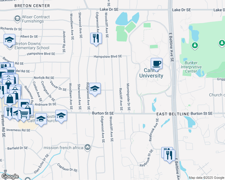 map of restaurants, bars, coffee shops, grocery stores, and more near 3033 Vassar Drive Southeast in Grand Rapids