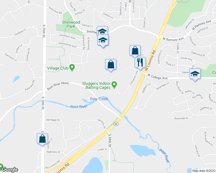map of restaurants, bars, coffee shops, grocery stores, and more near 6900 Industrial Loop in Greendale