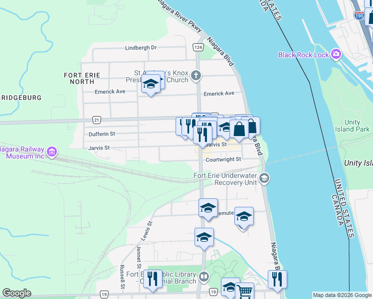 map of restaurants, bars, coffee shops, grocery stores, and more near 229 Jarvis Street in Fort Erie