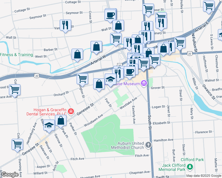 map of restaurants, bars, coffee shops, grocery stores, and more near 169 Genesee Street in Auburn