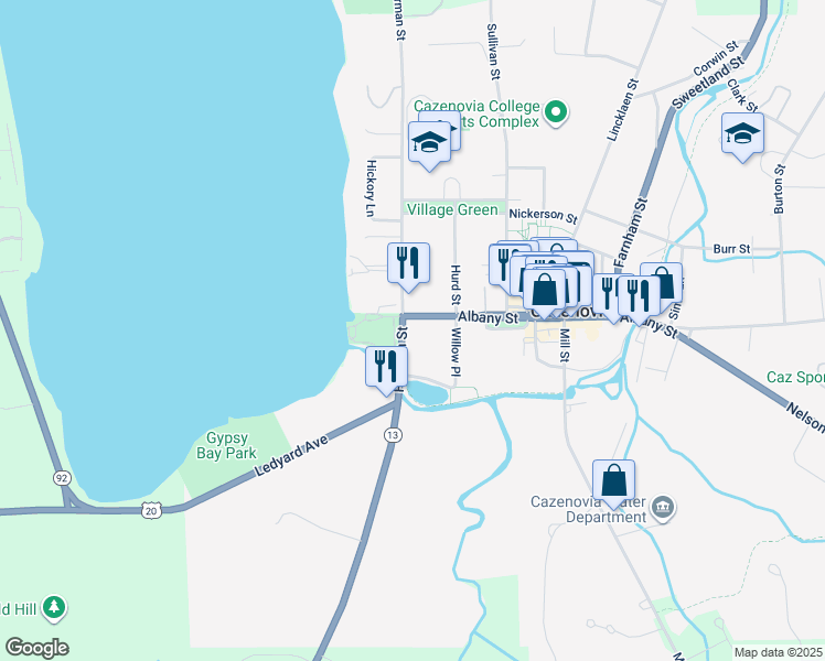 map of restaurants, bars, coffee shops, grocery stores, and more near 17 Forman Street in Cazenovia