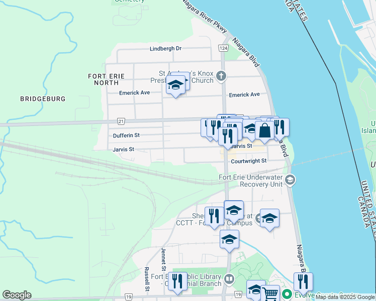map of restaurants, bars, coffee shops, grocery stores, and more near in Fort Erie