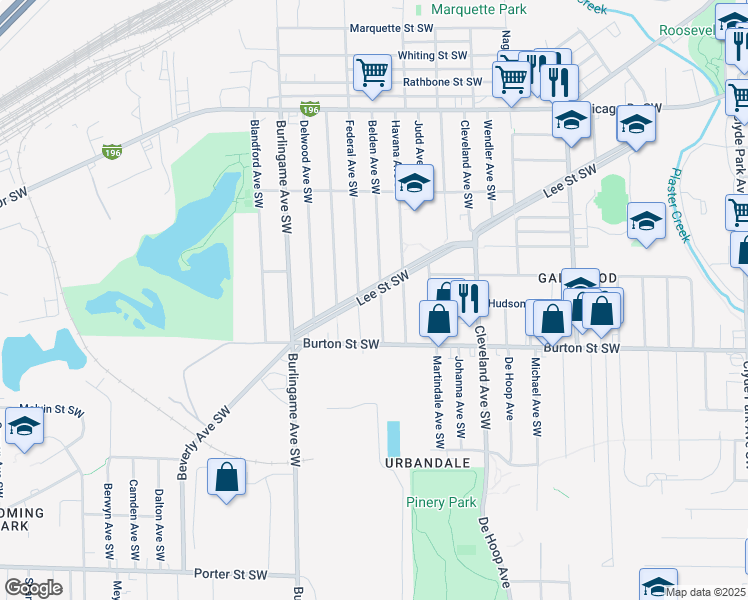 map of restaurants, bars, coffee shops, grocery stores, and more near 1441 Lee Street Southwest in Wyoming
