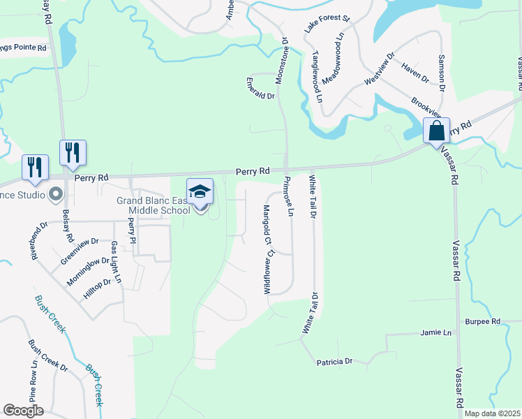 map of restaurants, bars, coffee shops, grocery stores, and more near 7018 Marigold Court in Grand Blanc