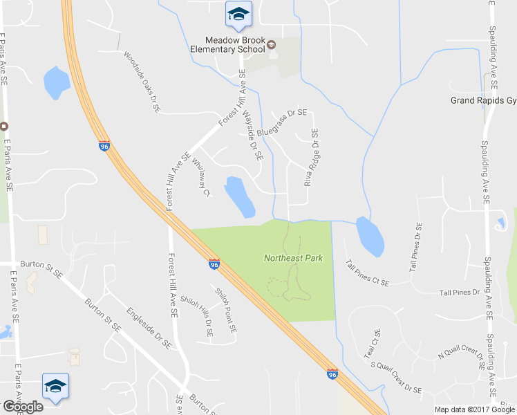 map of restaurants, bars, coffee shops, grocery stores, and more near 1902 Forest Lake Drive Southeast in Grand Rapids