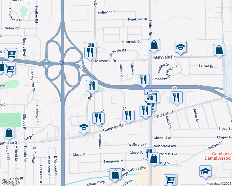 map of restaurants, bars, coffee shops, grocery stores, and more near 114 Donald Drive in Buffalo