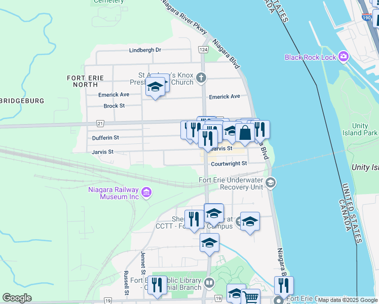 map of restaurants, bars, coffee shops, grocery stores, and more near 231 Jarvis Street in Fort Erie