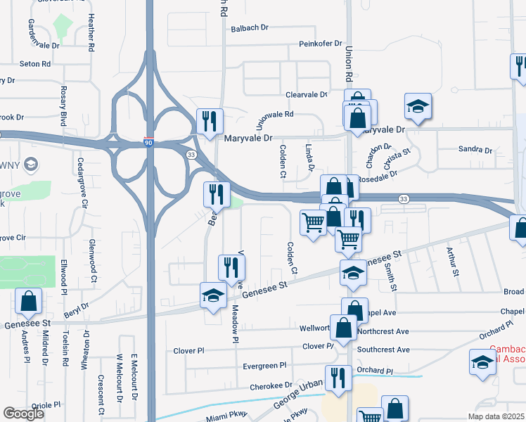 map of restaurants, bars, coffee shops, grocery stores, and more near 114 Donald Drive in Buffalo
