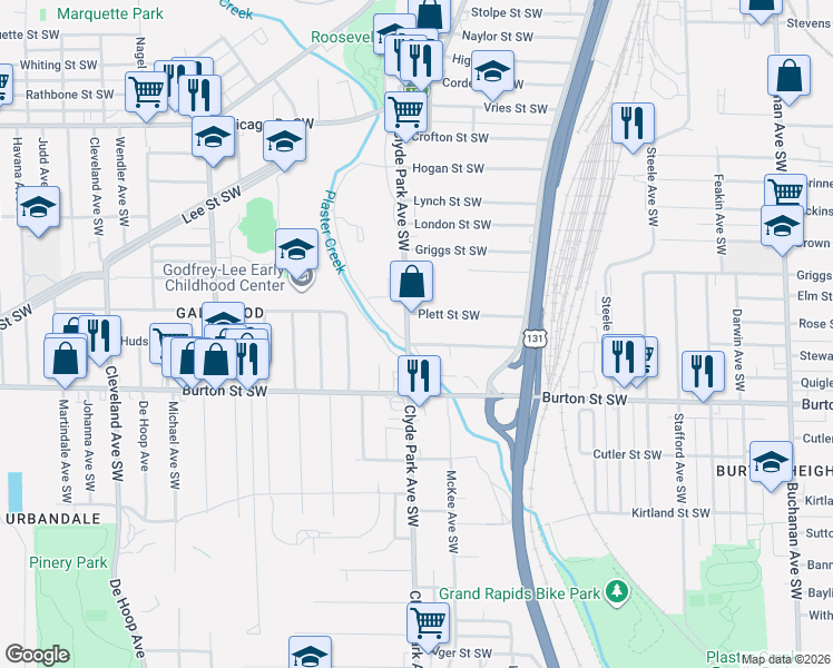 map of restaurants, bars, coffee shops, grocery stores, and more near 1900 Clyde Park Avenue Southwest in Wyoming