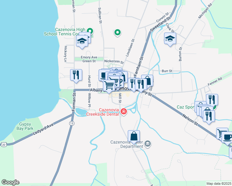 map of restaurants, bars, coffee shops, grocery stores, and more near 65 Albany Street in Cazenovia