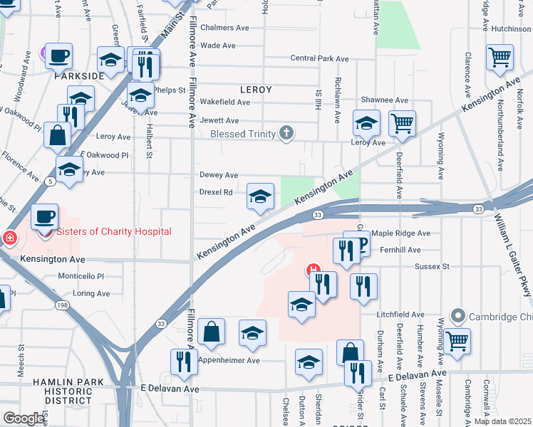 map of restaurants, bars, coffee shops, grocery stores, and more near 99 Drexel Road in Buffalo