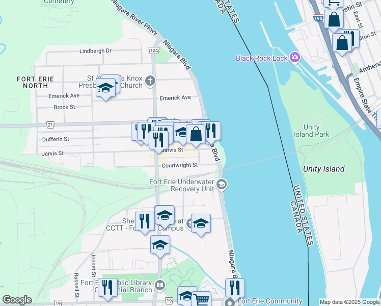 map of restaurants, bars, coffee shops, grocery stores, and more near in Fort Erie