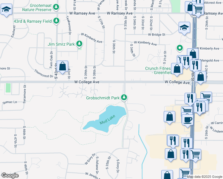 map of restaurants, bars, coffee shops, grocery stores, and more near 3659 West College Avenue in Milwaukee