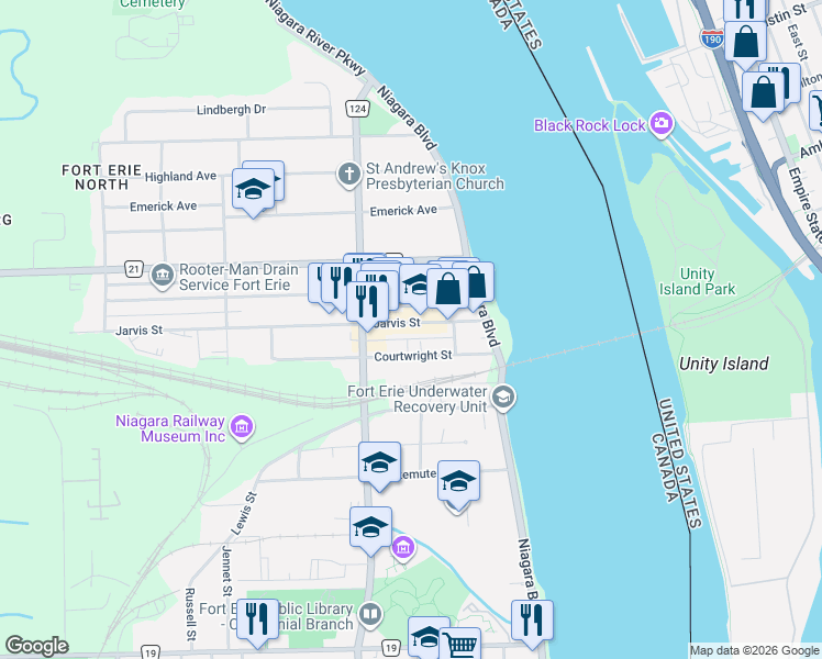 map of restaurants, bars, coffee shops, grocery stores, and more near 61 Jarvis Street in Fort Erie