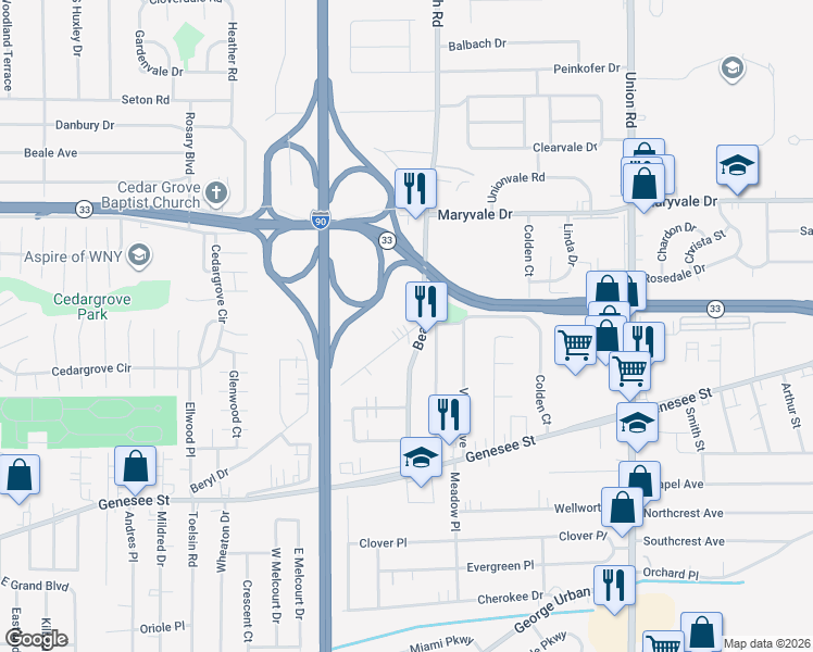 map of restaurants, bars, coffee shops, grocery stores, and more near 304 Fonda Drive in Buffalo