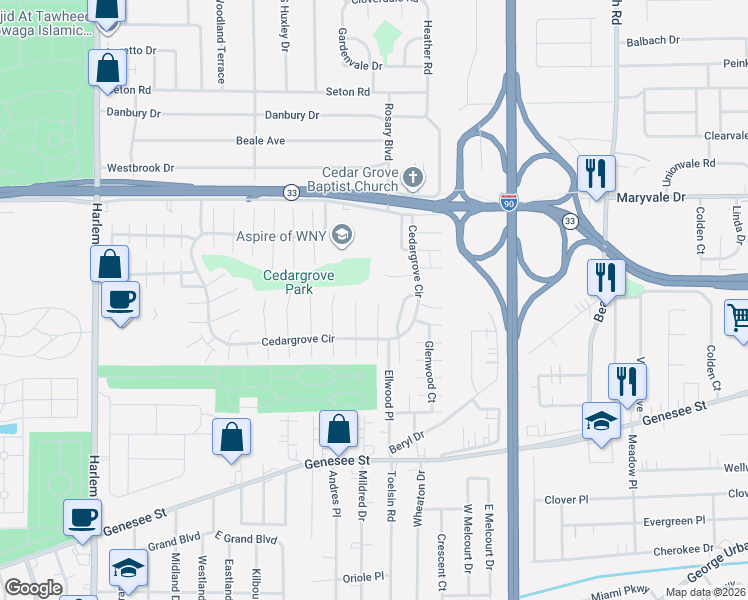 map of restaurants, bars, coffee shops, grocery stores, and more near 33-35 Elkhurst Drive in Cheektowaga