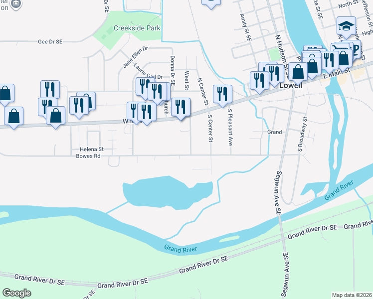 map of restaurants, bars, coffee shops, grocery stores, and more near 162 South West Avenue Southeast in Lowell