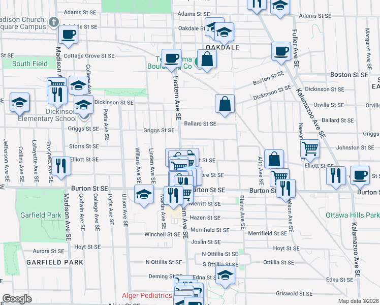 map of restaurants, bars, coffee shops, grocery stores, and more near 1834 Ruby Place Southeast in Grand Rapids