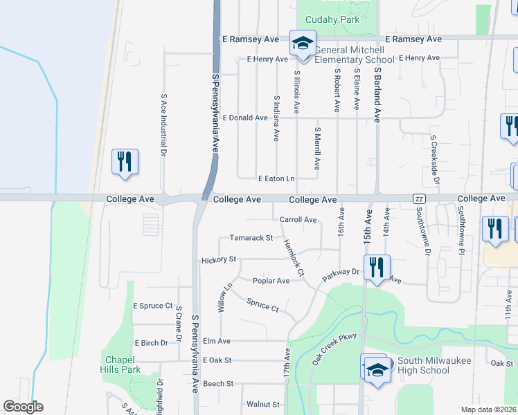map of restaurants, bars, coffee shops, grocery stores, and more near 2536 East College Avenue in Cudahy