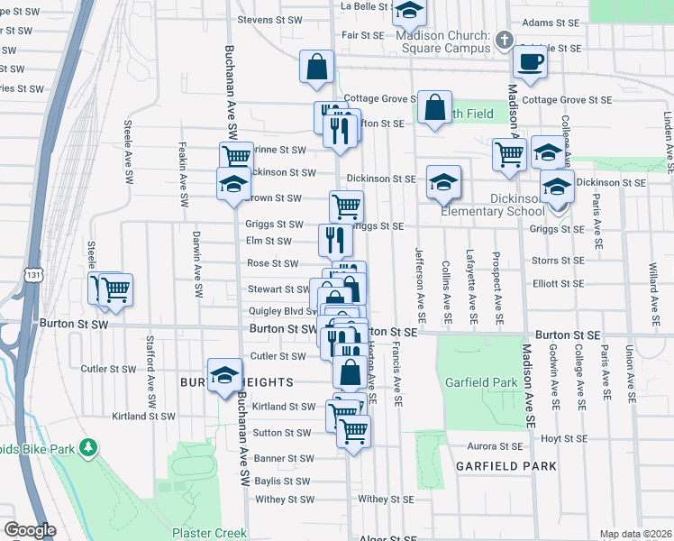 map of restaurants, bars, coffee shops, grocery stores, and more near 1838 Division Avenue South in Grand Rapids