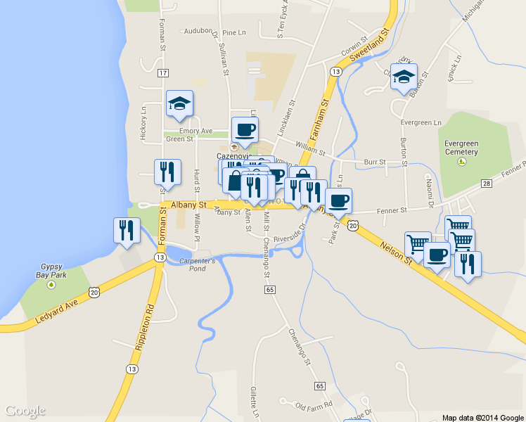 map of restaurants, bars, coffee shops, grocery stores, and more near 76 Albany Street in Cazenovia