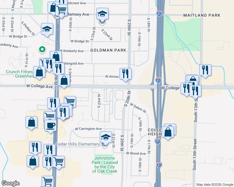 map of restaurants, bars, coffee shops, grocery stores, and more near 6335 South 20th Street in Oak Creek