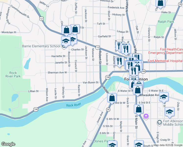 map of restaurants, bars, coffee shops, grocery stores, and more near 606 Sherman Avenue West in Fort Atkinson