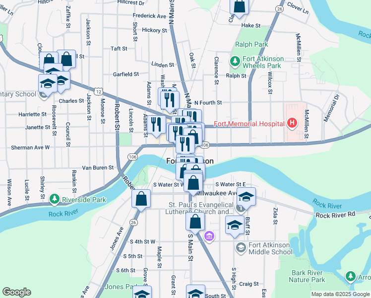 map of restaurants, bars, coffee shops, grocery stores, and more near 201 North Main Street in Fort Atkinson